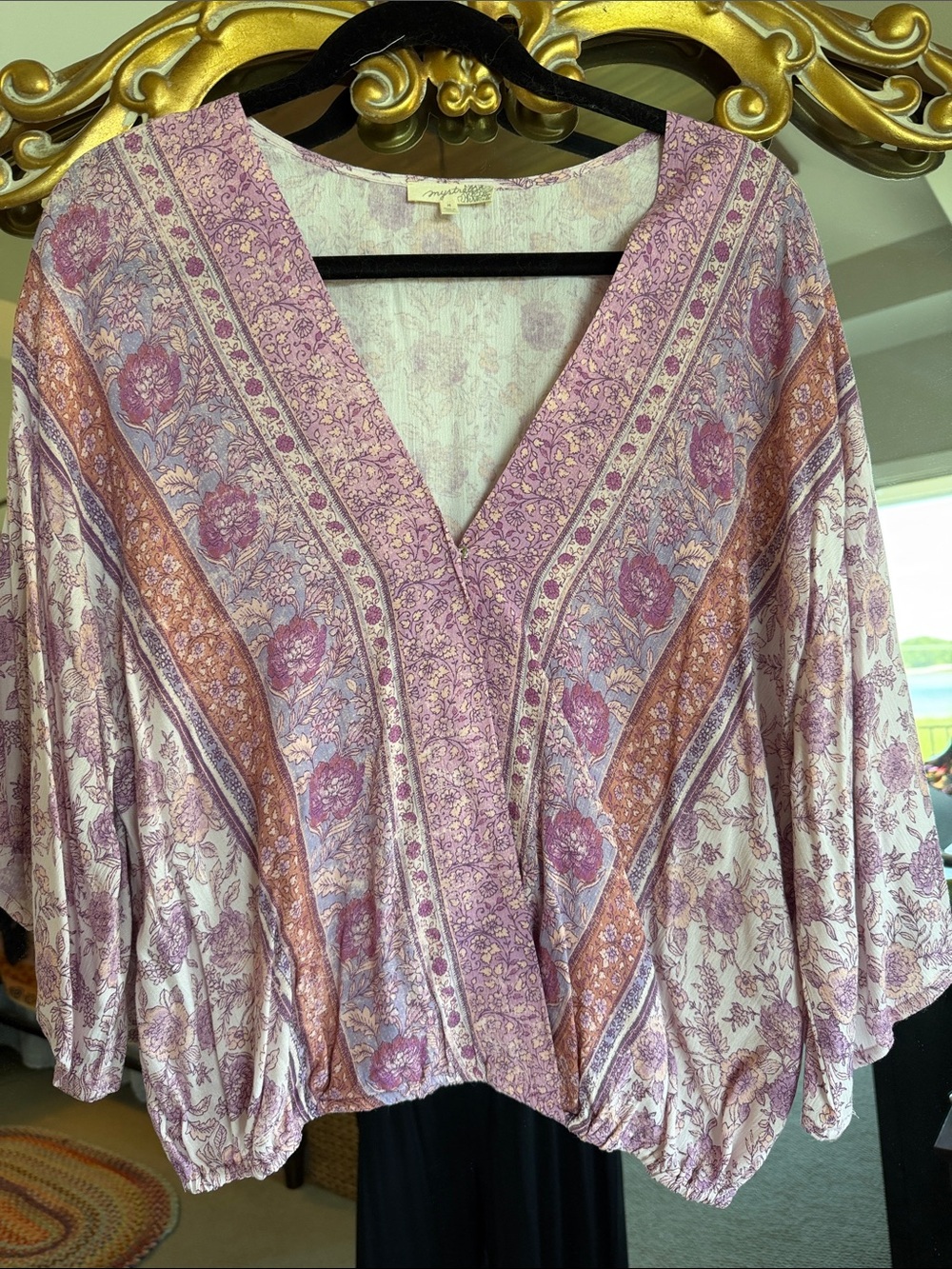 Mystree Lavender and Tan Floral V-Neck Tunic